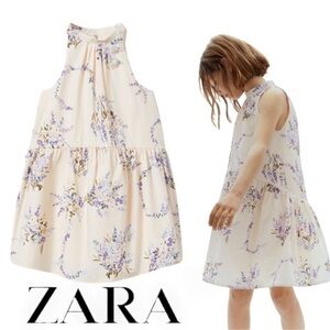 Zara Floral Dress Girls Size 13/14 Beige Cream Flowers